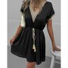 Women's Summer Dress, Spring and Summer Solid Color Short Sleeve Lace V-neck Waist-fitted Dress Casual Drawstring Waist Vacation Dress