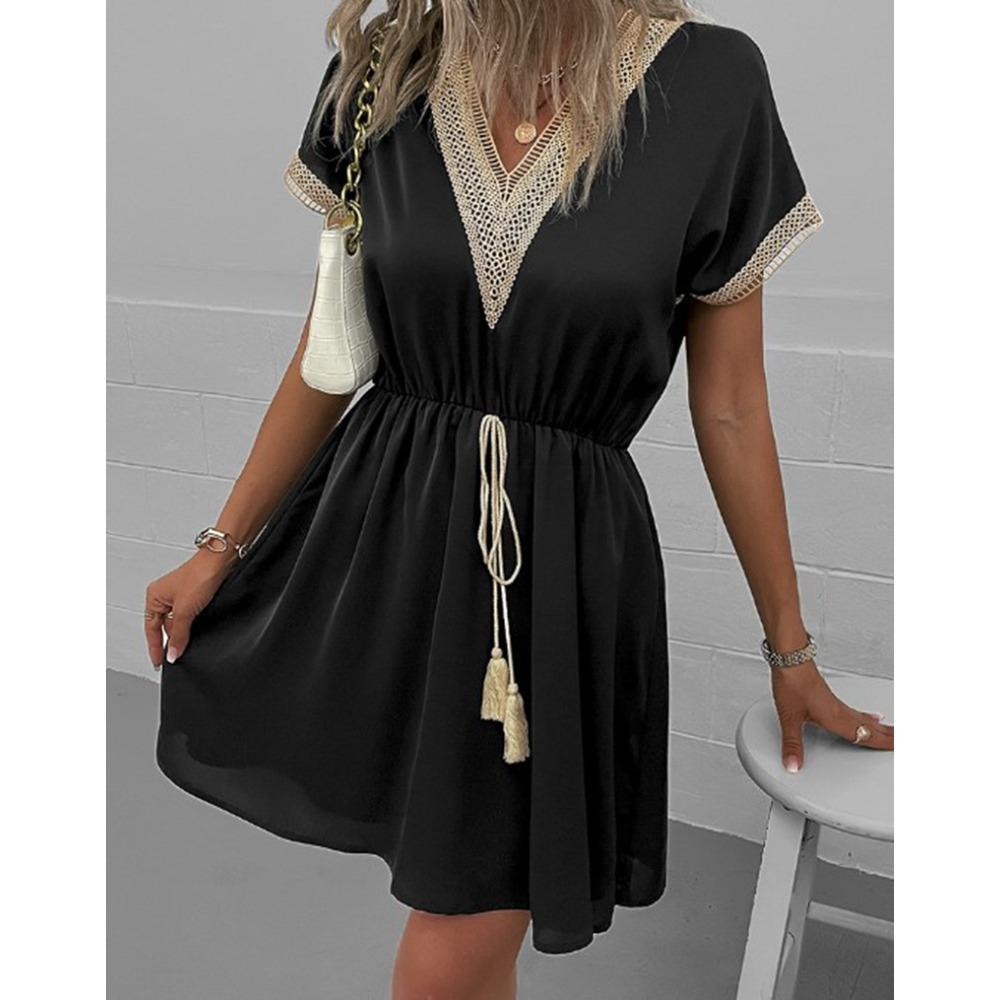 Women's Summer Dress, Spring and Summer Solid Color Short Sleeve Lace V-neck Waist-fitted Dress Casual Drawstring Waist Vacation Dress