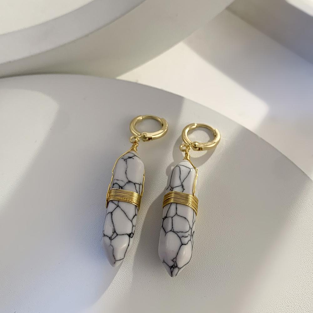 Fashion Handmade Wire Wrapped Purple Natural Stone Hexagonal Bullet Drop Earrings for Women Polygon Statement Earring