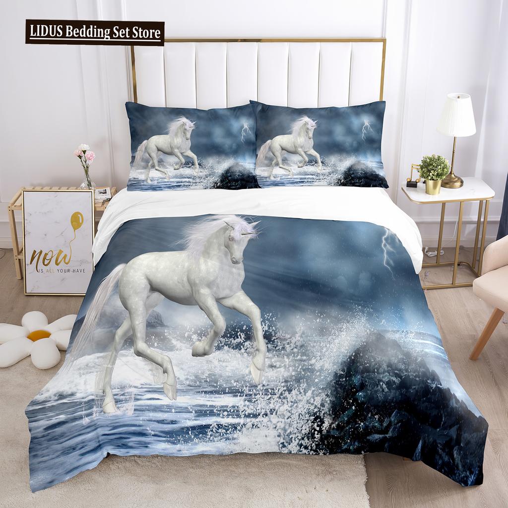Unicorn Duvet Cover Set White Horse With Wing 3D Print King Size Polyester Comforter Cover For Kids Bedding Set With Pillowcase