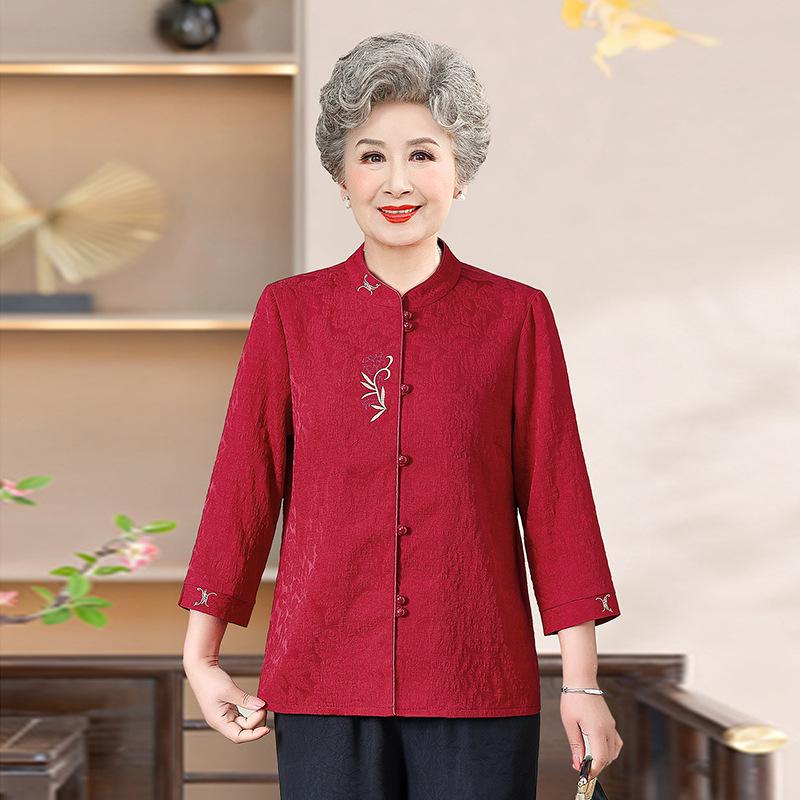 New Embroidered Seven-Sleeve Tang Suit Top for Middle-Aged & Elderly Women - Chinese Style Spring/Autumn Shirt
