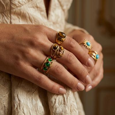 Vintage Earthy Irregular Lava Texture Tiger Eye Stone Chunky Ring for Women Stainless Steel Gold Statement Jewelry