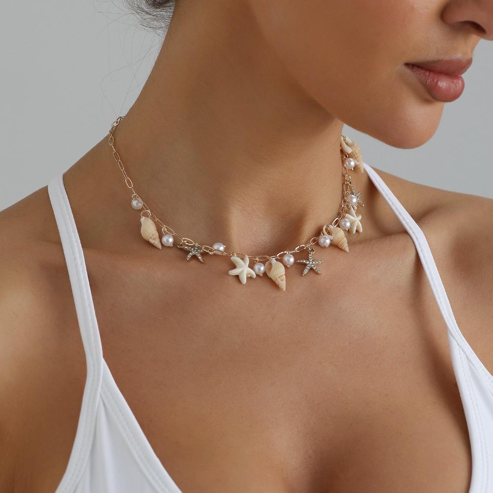 Summer Ocean Elements Starfish Shell Conch Pearl Tassel Choker Necklace for Women Bohemia Casual Beach Vacation Outfit Jewelry