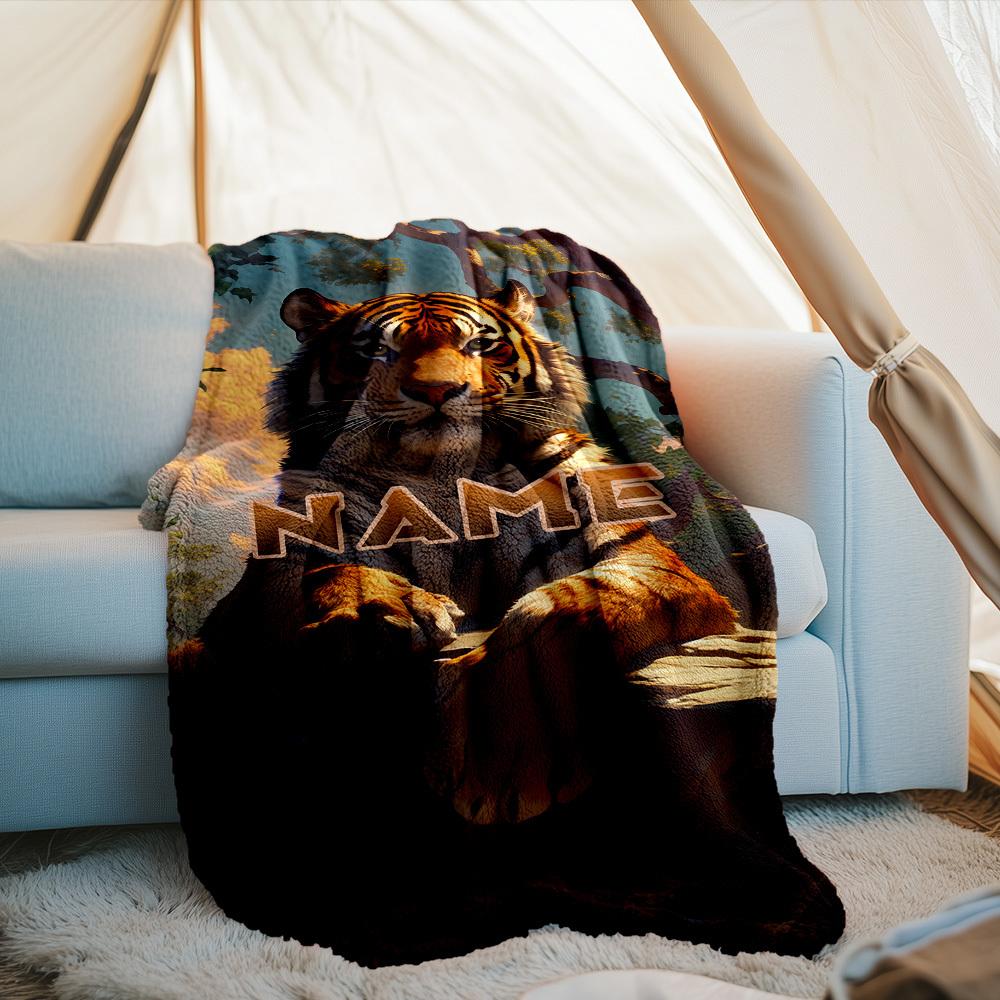 Tiger In Forest Outdoor Customize Your Name Blanket Soft Comfortable Lightweight All Season Multi Use Blanket For Travel Camping Picnic Sofa Office