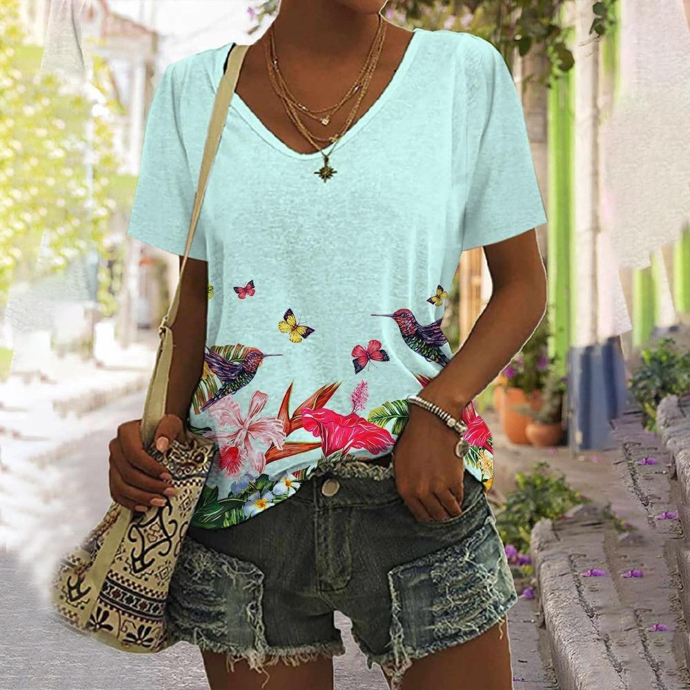 T-shirt con Stampa 3D di Piante Tropicali Floreali Pappagallo da Donna Scollo a V Manica Corta Oversize Harajuku Y2k Top Magliette Abbigliamento Donna