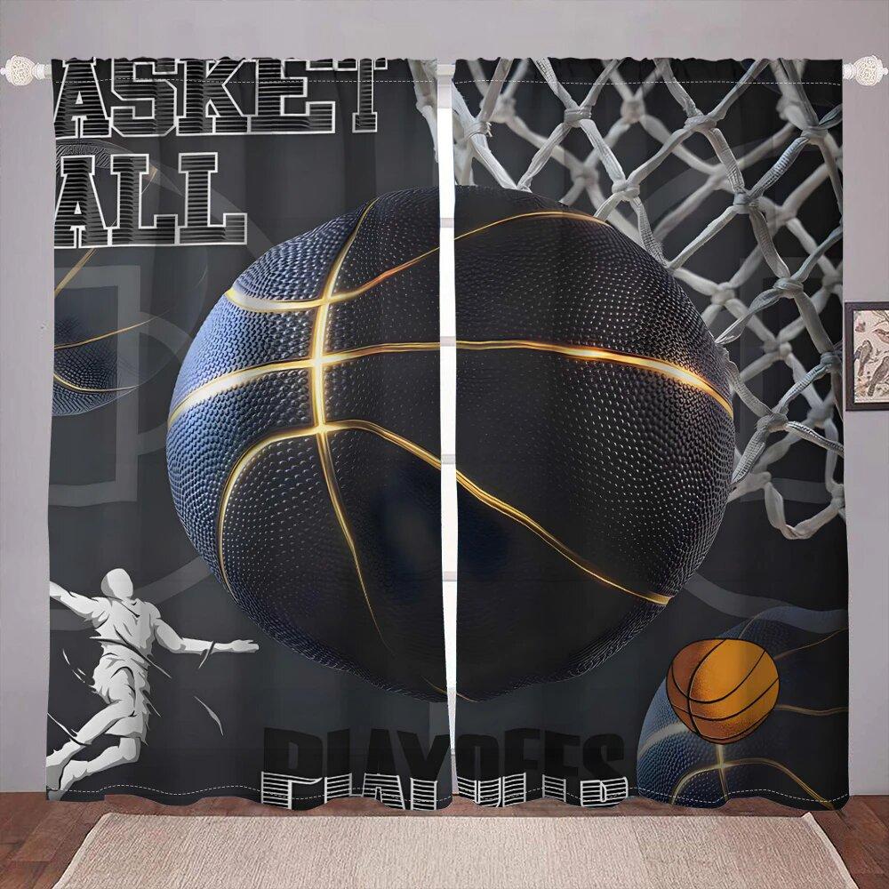 2 Stück Basketball moderne Kunst bedruckte Vorhänge, Stangentasche Raumdekoration, Heimdekoration