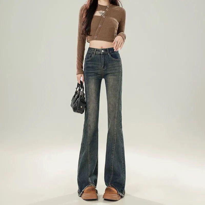 

2025 Women s High-Waisted Elastic Micro-Flare Jeans with Raw Hem – Versatile Slimming Pants for Spring & Autumn 3XL