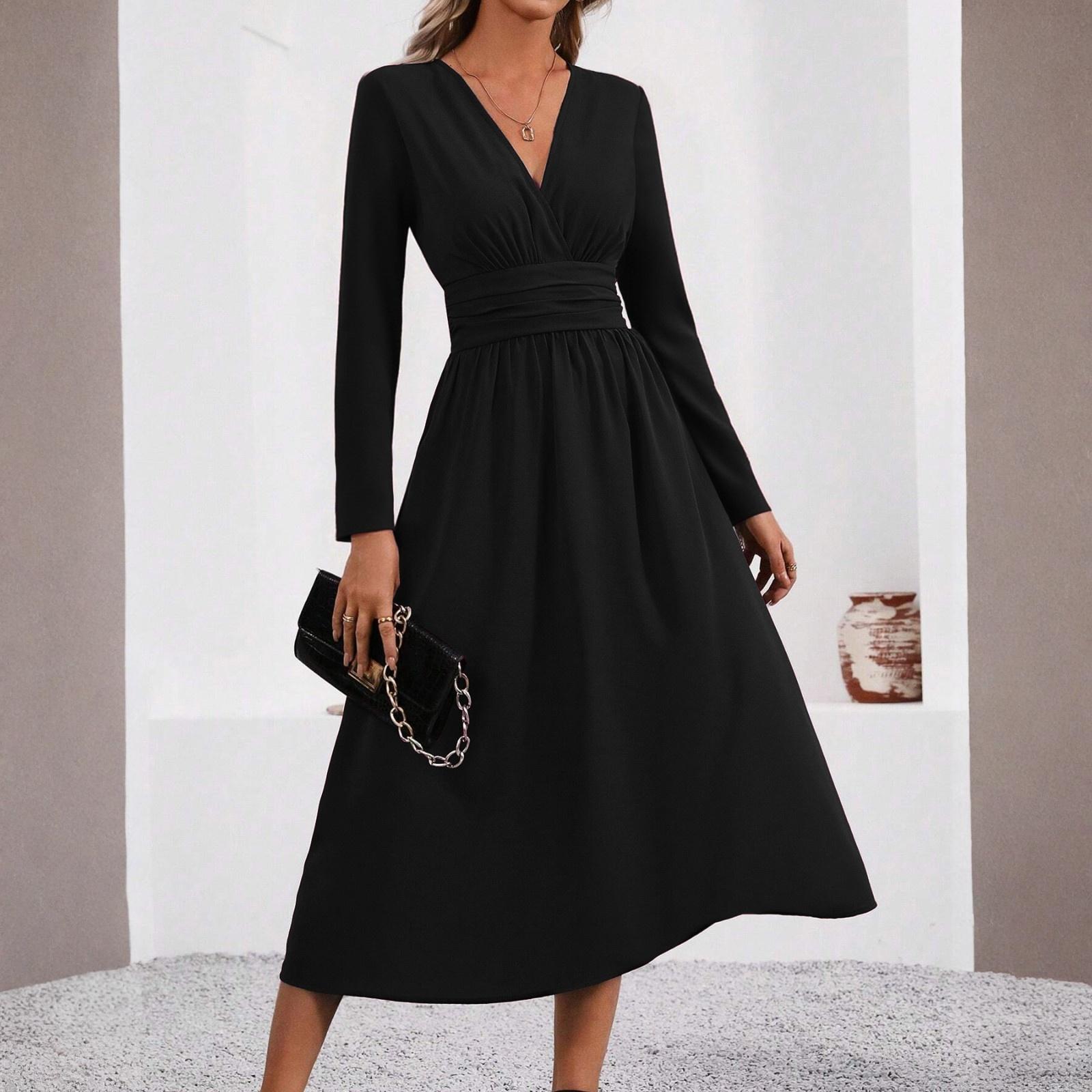 

Women s Fashionable Solid Color V-neck Long Sleeved Pleated Long Dress S чёрный