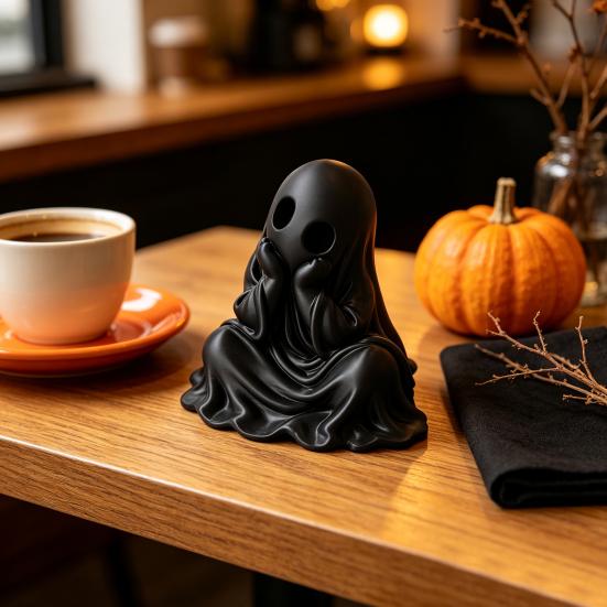 White Black Ghost Figures 3D Printed Halloween Figurine, Cute Chin-Resting Spooky Desk Decor, Decorative Accents Funny Ornament for Home Party