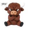 Angry Eye Cow Statue 3D Printed Highland Figurine, Cute Attitude Animal Desktop Compact Tabletop Decor Ornament, Sitting for Home Office Table
