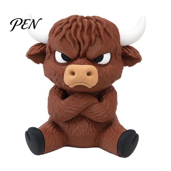 Angry Eye Cow Statue 3D Printed Highland Figurine, Cute Attitude Animal Desktop Compact Tabletop Decor Ornament, Sitting for Home Office Table