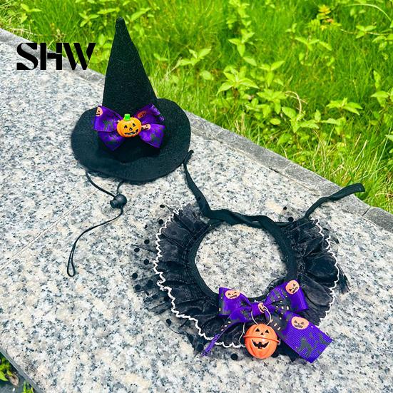 Halloween Costume for Small Pets 1 Set Cat Costume, Wizard Hat And Lace Bandana, Ruffled Bib Dog with Bow Bell, Holiday Party Outfit Dogs, Cats