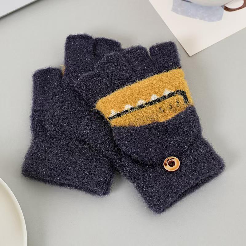 Children's Flip-Top Half-Finger Winter Gloves - Crystal Mink Dinosaur Design