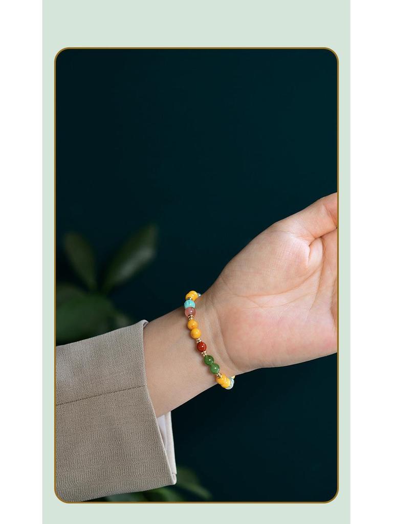 Natural Hetian Jade & Amber Multi-Gem Bracelet with 925 Silver and Southern Red Agate Beads