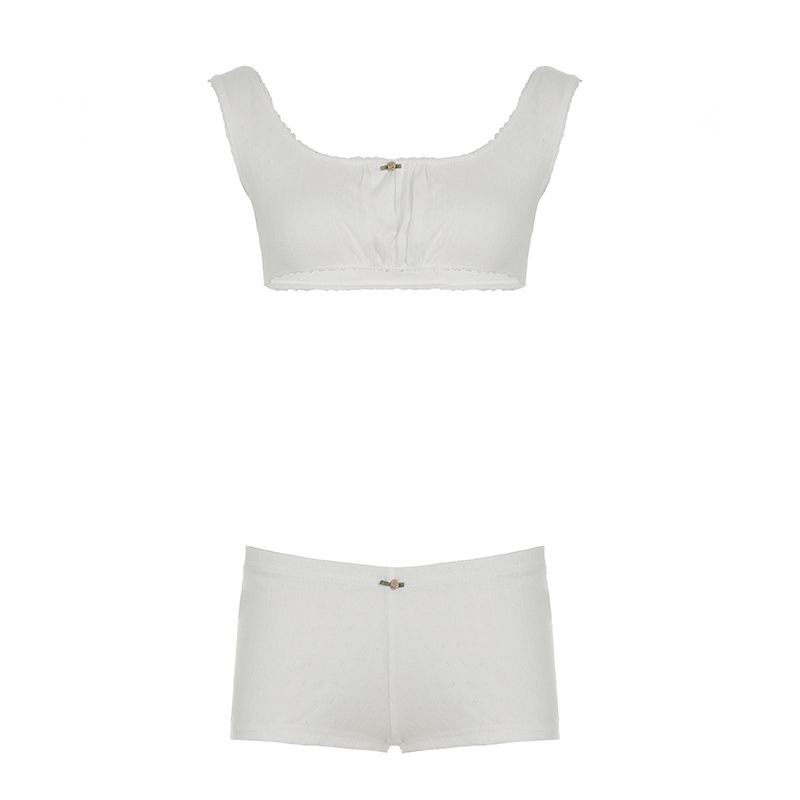 

European and American Women s Clothing French Style Young Adult Homewear Suits Jacquard Square Collar Ultra Short Sling + Low Waist Tight Shorts Tide White S