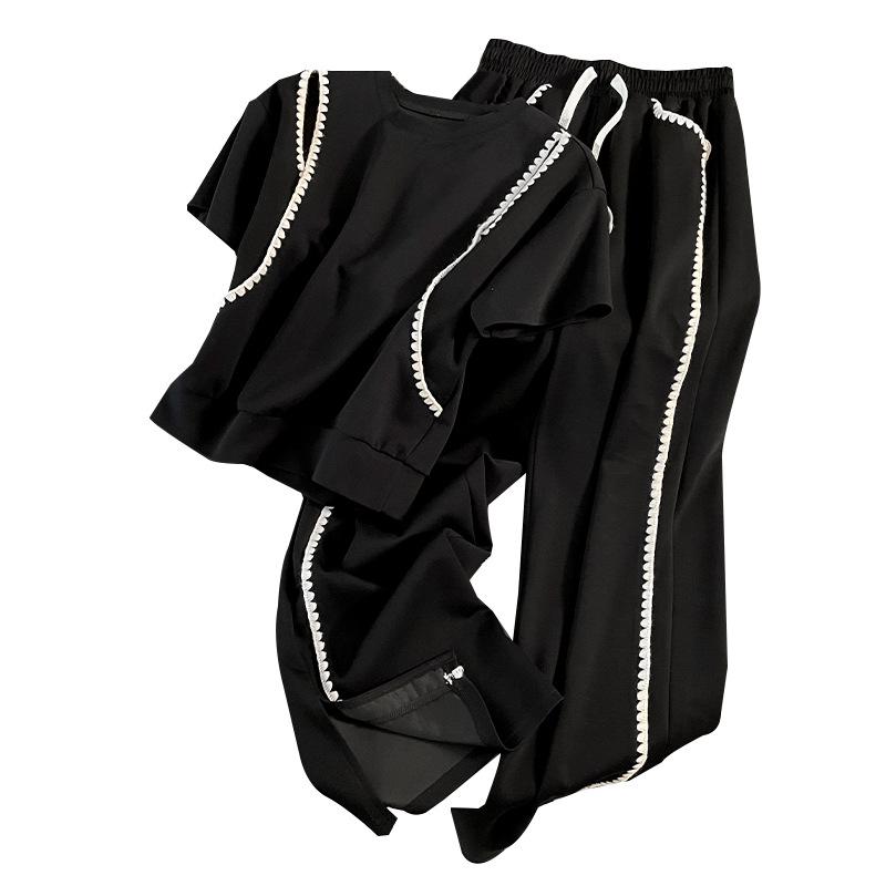 2025 Summer Trendy Sporty Slim Two-Piece Set: Short-Sleeve Top & Wide-Leg Pants