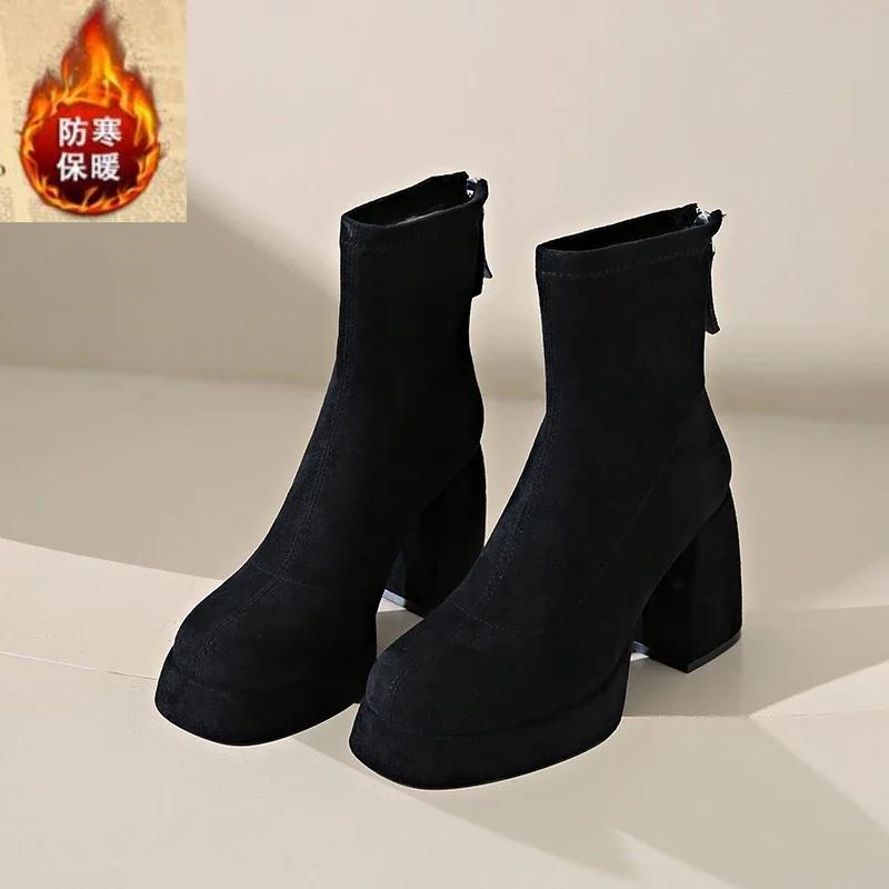 Fashion Suede Super High Heels Women Boots Ankle Chelsea Shoes New Winter Chunky Dress Shoes Party Elegant Pumps Goth Botas Mujer