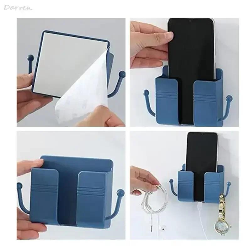 Self-Adhesive Wall Organizer Storage Box Wall Mount Phone Holder Plastic Charging Phone Stand Bracket Holder for Bedroom Office