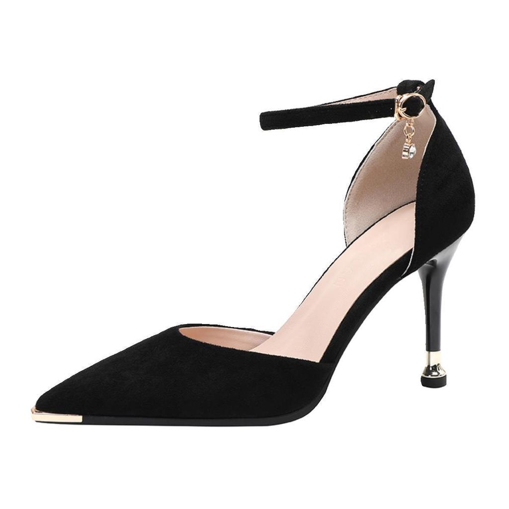French Hollow High Heels Women's Beautiful Black New One-word Buckle Strap Stiletto Sandals Temperament Single Shoes Are Not Tired