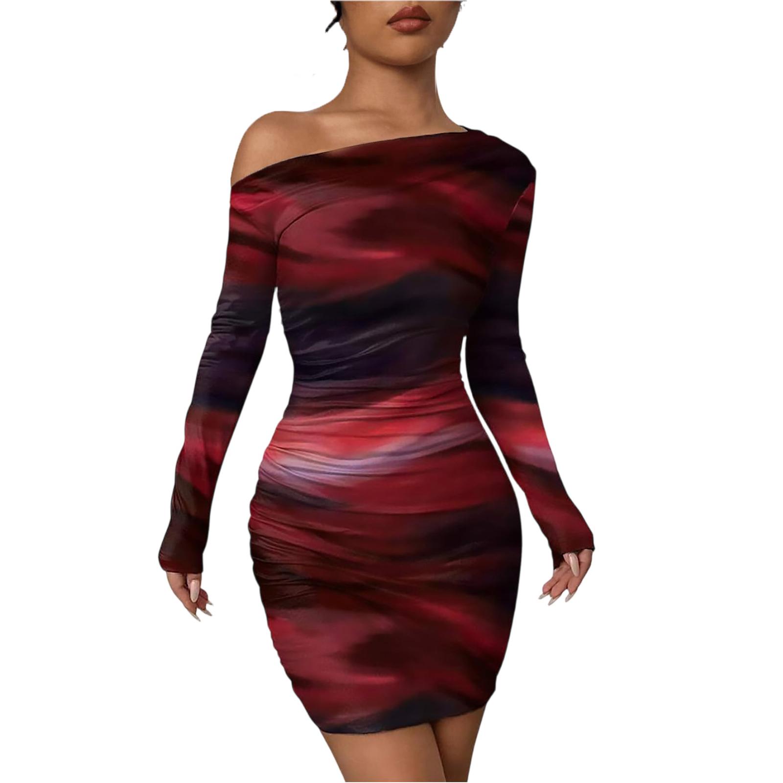 

Women s Off Shoulder Tie Dress Long Sleeve Slim Fit Pencil Dresses L винний