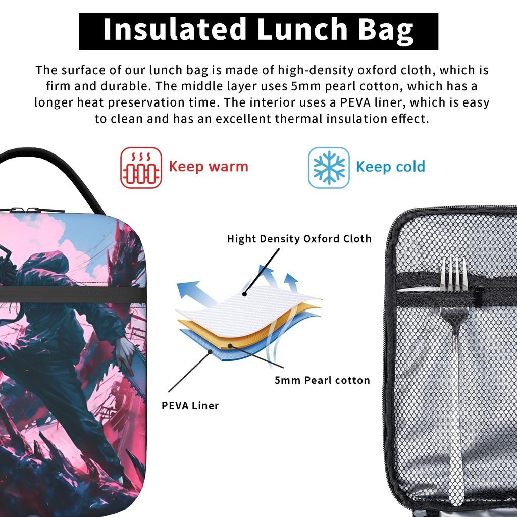 Anime C-Chainsaws Man Insulated Lunch Bag Large Meal Container Thermal Bag Tote Lunch Box Work Outdoor Girl Boy