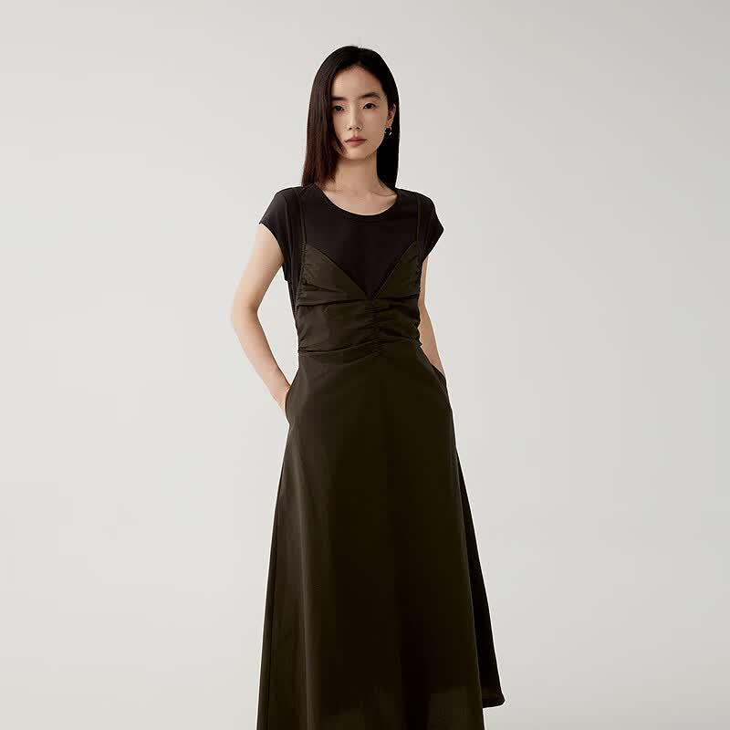 MONOVICH Patchwork Slimming Short Sleeve Midi Dress S