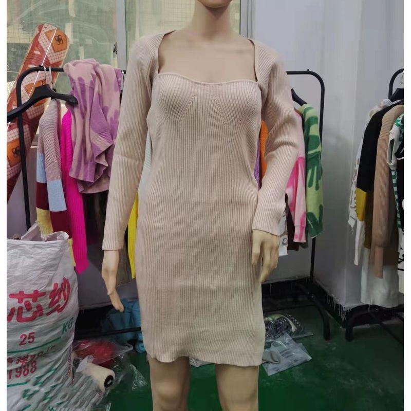 Fashion Wind Square Collar Long Sleeve Slim-Fit Hip-Wrapped Short Dress Slit Knitting Dress Slit Knitted Dress
