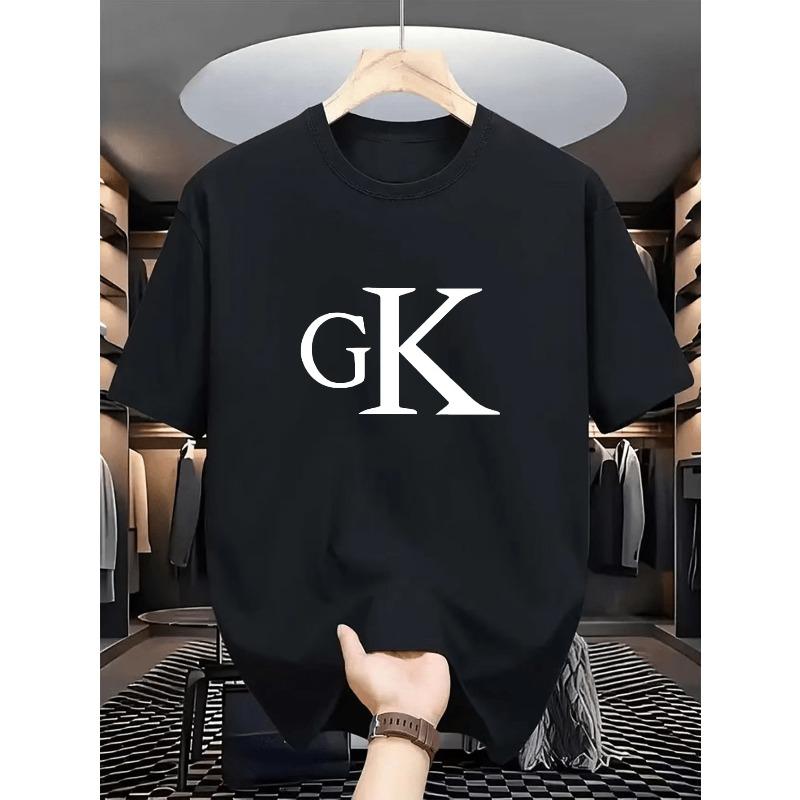 

European sizes Men s T-shirt, GK Letter Trendy Pattern Print T-shirt - Casual Round Neck Short Sleeves, Summer Sportswear S чёрный