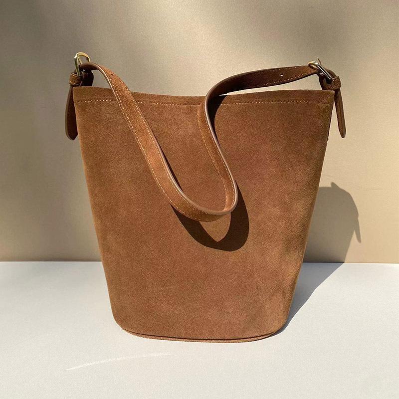 Cowhide Large Capacity Sanded Leather Bucket Bag Niche Design Fashion One-shoulder Underarm Women Bag