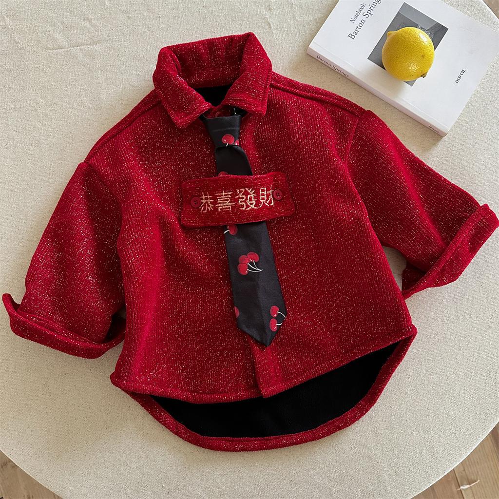 Kids Fleece-Lined Embroidered Chinese New Year Shirt Winter Warm Jacket for Boys and Girls