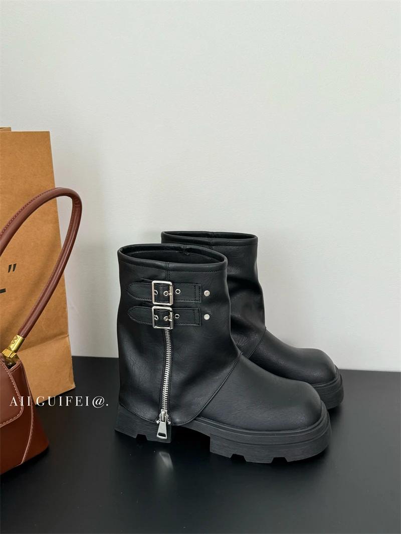 

2025 New Mid Calf Height Increasing Chain Boots Belt Buckle Round Toe Women Boots Fashion Casual Party Autumn Arrivals Boots 40