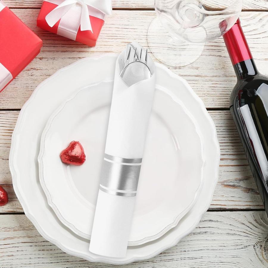 25 Pack Pre Rolled Silver Plastic Silverware Wrapped Cutlery Set Include Forks Spoons Knives and Napkins Disposable Heavy Duty