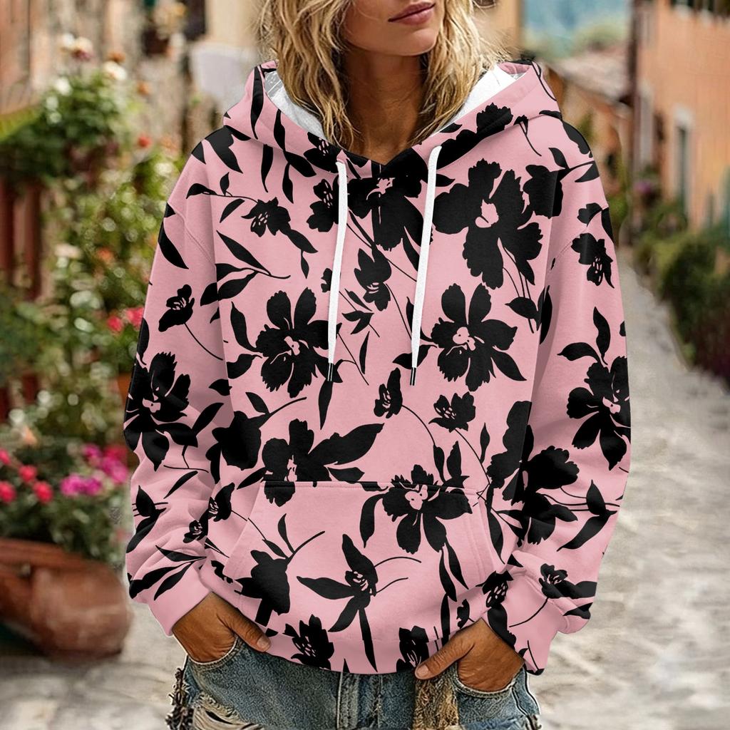 Women's Floral Print Long Sleeve Hoodie with Pocket and Casual Pullover Sweatshirt