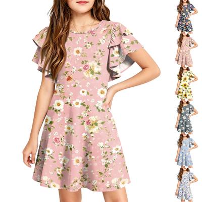 Girls Casual Floral Print A-Line Dress with Ruffle Sleeves and Round Neck