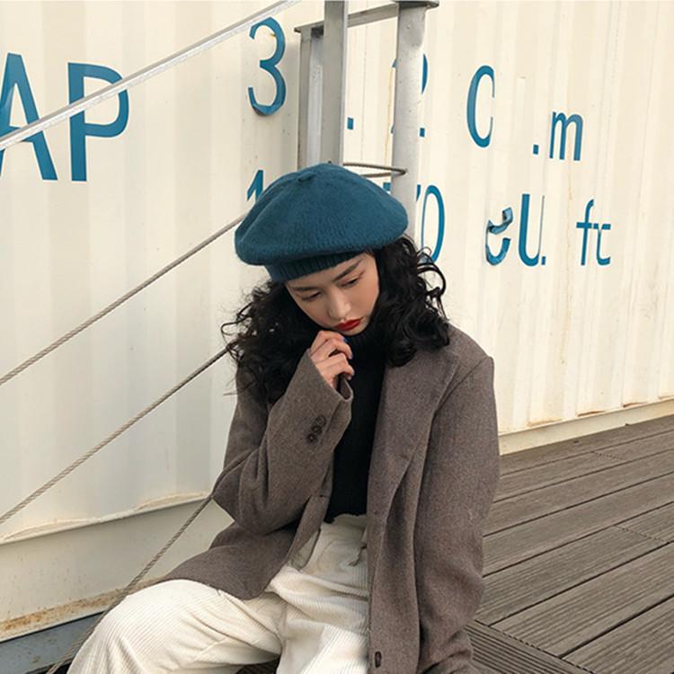 Hat Women's Winter Cashmere Beret Knitted Wool Bud Painter Hat Autumn Retro British Japanese Korean Style Trend