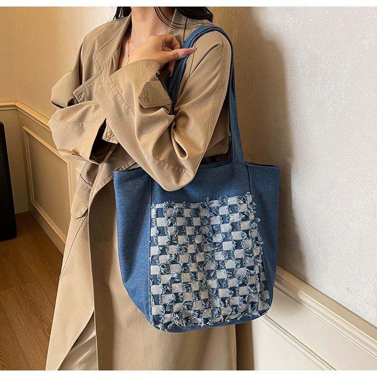 Winter 2025 Plaid Washed Denim Embroidered Handbag - Large Capacity Shoulder Bag