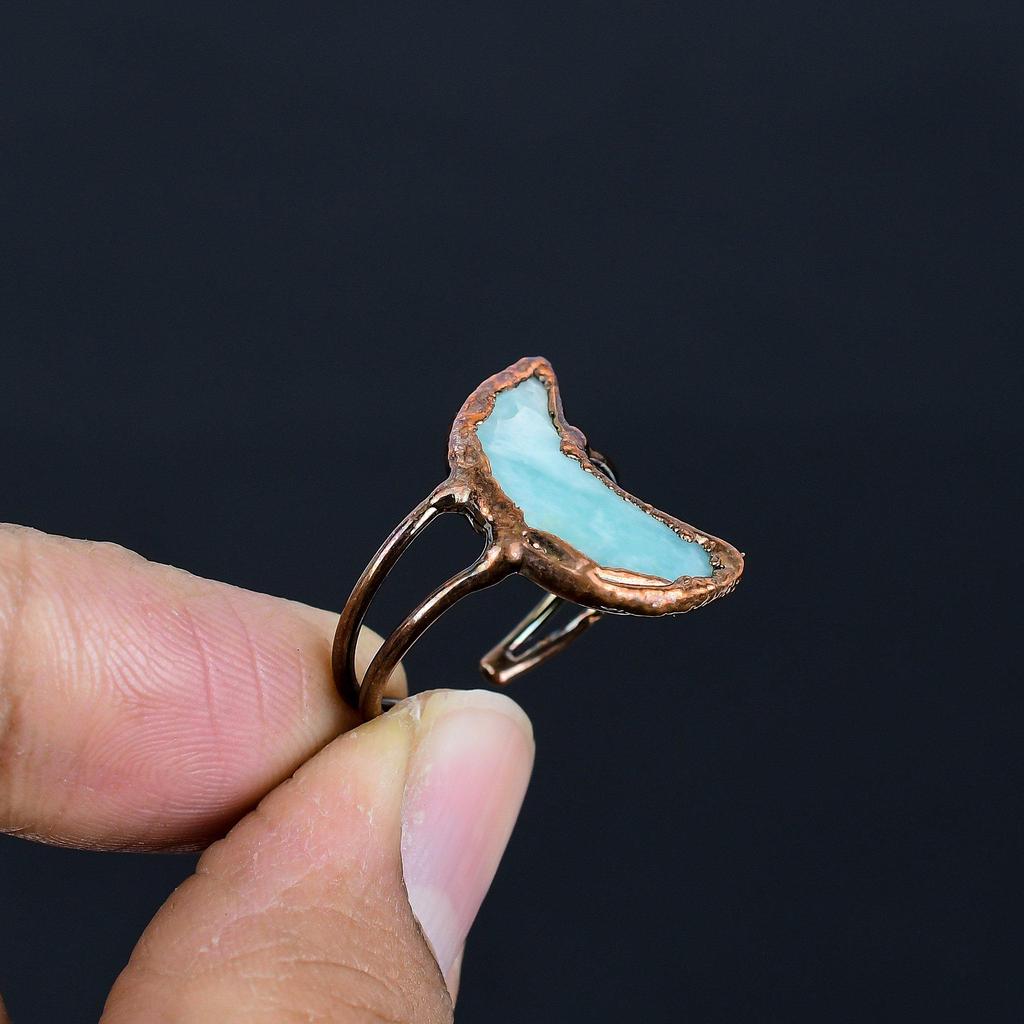 Larimar Handmade Gemstone Ring, Copper Electroformed Ring Antique Jewelry, Adjustable Ring Engagement Gift