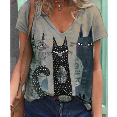 Camiseta engraçada com estampa de gato e desenho animado kawaii, gola em V, manga curta, casual, harajuku, plus size, top feminino, roupas de verão para mulheres