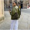 Womens Green Faux Leather Jacket With Turn-Down Collar Loose Fit Street Style Outerwear Fall Winter