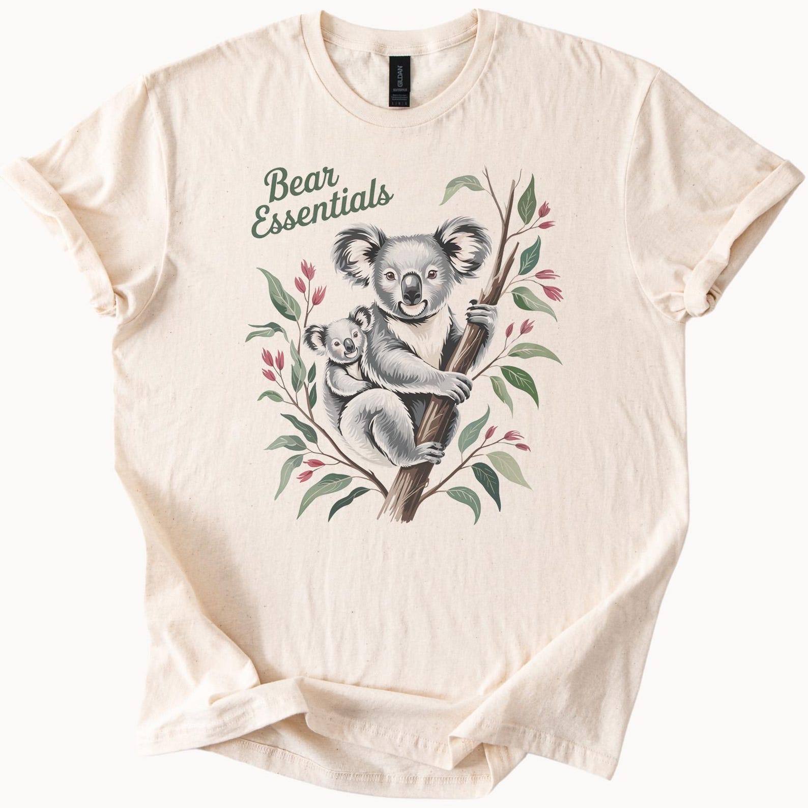 Bear essentials koala bear graphic t shirt with baby koala on eucalyptus branch cute animal nature art print top for wildlife lovers 110