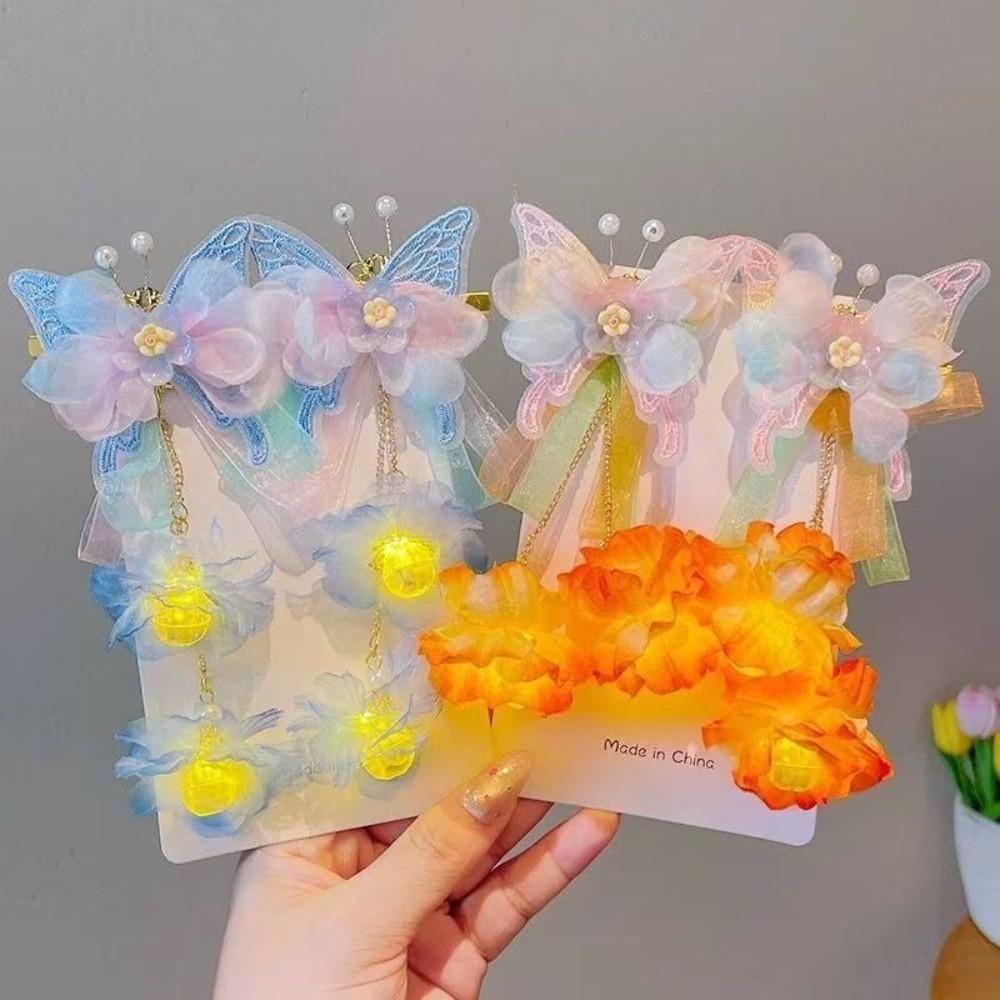 2pcs/set Luminous Flower Faux Flower Hairpin Extra Large Shake Tassels Tassel Hair Clip Silk Butterfly Hairclips Children's Use
