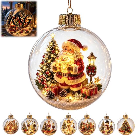 Battery Operated Christmas Ornaments Lighted Clear Ball Ornaments, Cute Santa Claus/Tree/Snowman/Angel Figure Inside Seasonal Gift with Warm Light The