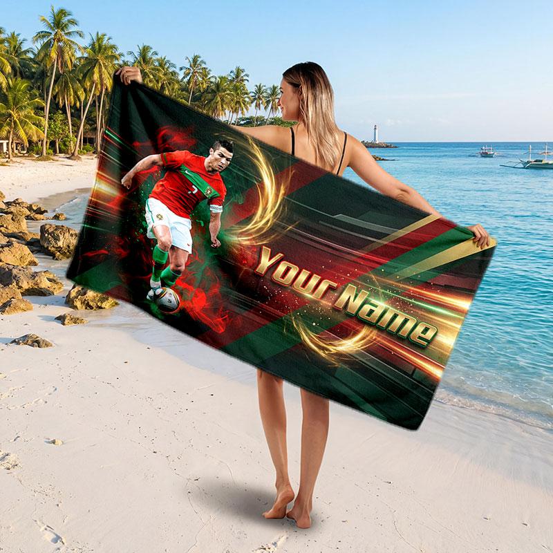 Cristiano Ronaldo Custom Beach Towel, Personalized Name Text Print, Football Logo Soft Quick‑Dry Towel Holiday Gift