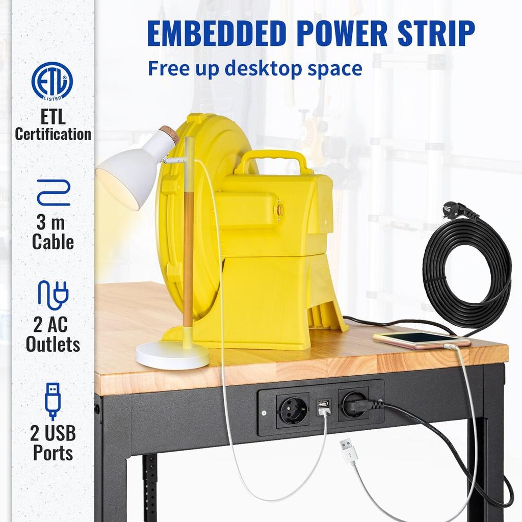 Workbench Adjustable Height, 155 x 51 cm Garage Table w/ 80 – 105 cm Heights & 720KG Capacity, with Power Outlets & Hardwood Top & Metal Frame &