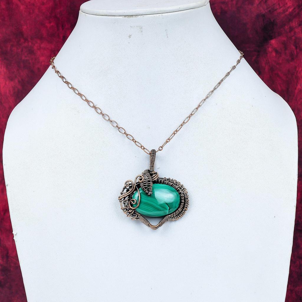 Malachite Gemstone Pendant Copper Wire Wrapped Pendant Handmade Antique Jewelry