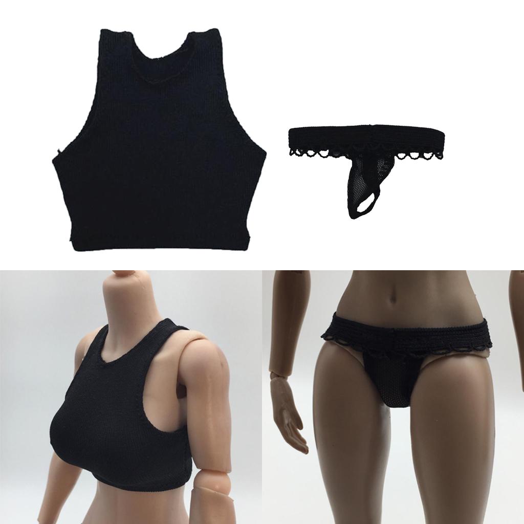 1/6 Scale Women's Black Vest Lace Thong for 12" Action Figure Accessory