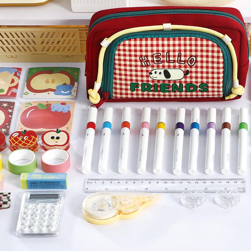 1pcs Lovely Dog Pencil Bag Pen Case, Cute Cartoon Retro Plaid Pattern Large Capacity Storage Pouch for Stationery Student