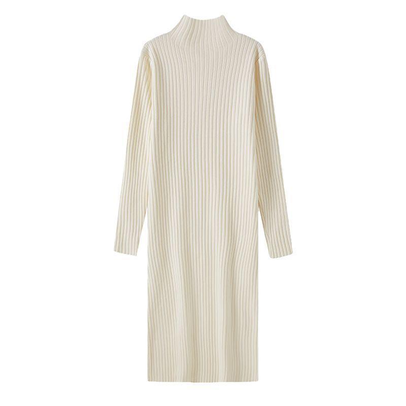 Women's Autumn & Winter Wool Knit Dress - Half-High Collar, Loose Long Sleeve, Mid-Length Base Layer Over the Knee.