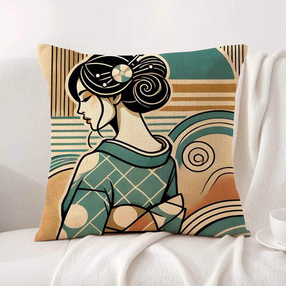 Classic Retro Japanese Lady Cushion Cover Natural Linen Organic Fabric DoubleSided Printing Sofa Home Decor Breathable