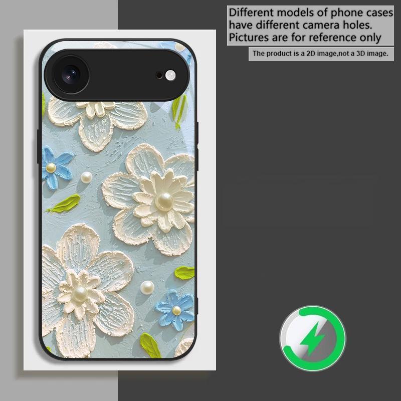 Cream Rice White Petals Suitable for iPhone 17 Pro Max 16E 15 Pro 14 13 Plus 12 Mini 11 XR Xs 7 8 16 Air Black Glass Phone Case